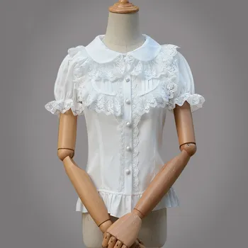 

2019 Summer Vintage Elegant Sweet Lace Shirt Lolita Slim Fit Short Sleeve Chiffon Shirt Blouse Women Blouses Tops