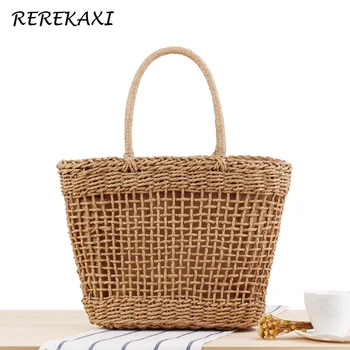 

Handmade Women's Handbag Bohemian Hollow Straw Bag Summer Weaving Beach Bags Female Top-handle Tote Fashion Net Bag Mesh Basket