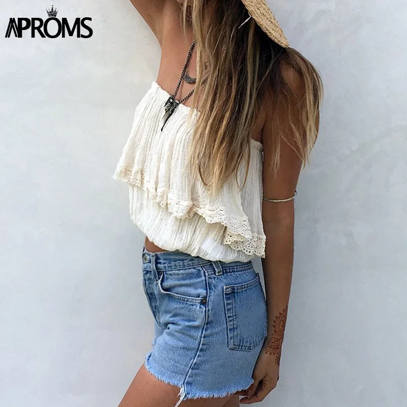 

Aproms Boho Ruffle Strapless Tank Tops Women Summer Sexy Crochet Lace Trims Crop Top Female Off Shoulder Elastic Top Tees 2019