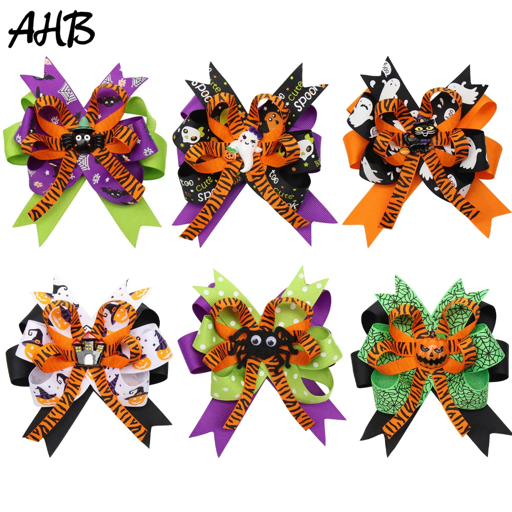 

AHB 4 Inch Halloween Festival Hair Bows for Girls Funny Printed Grosgrain Ribbon Pumpkin Hairgrips Party Kids Hair Accessories