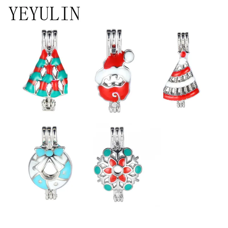 

5pcs Silver Christmas Series Santa Claus Christmas Tree Snowflake Pearl Cage Pendant For Christmas Party DIY Jewelry Making