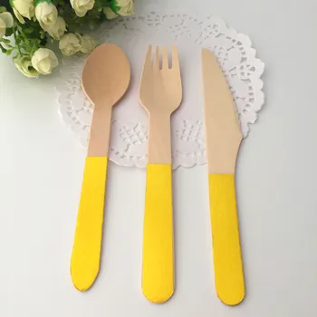 

36pcs Metallic Gold Disposable Wooden Spoon Fork Knife Solid Color Cutlery for Boy Girl 1ST Birthday Baby Shower Wedding Party