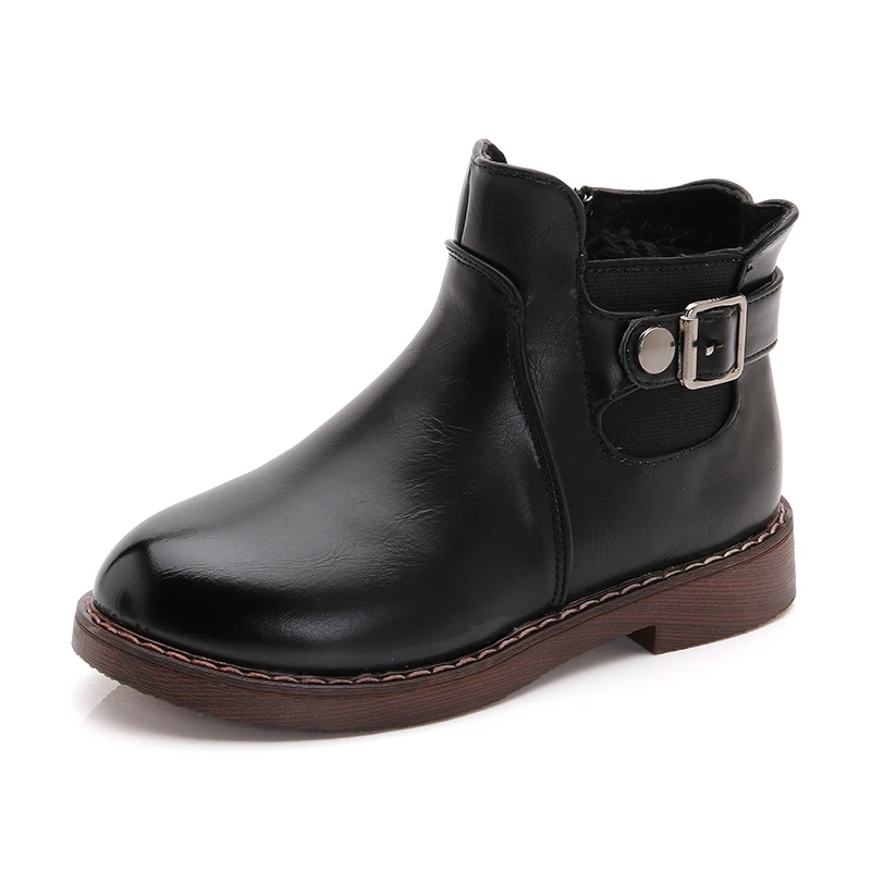 

COZULMA Kids Strap Ankle Boots For Girls Plush Lining Moto Boots Children Breathable Casual Leather Shoes 3 Color Size 27-37