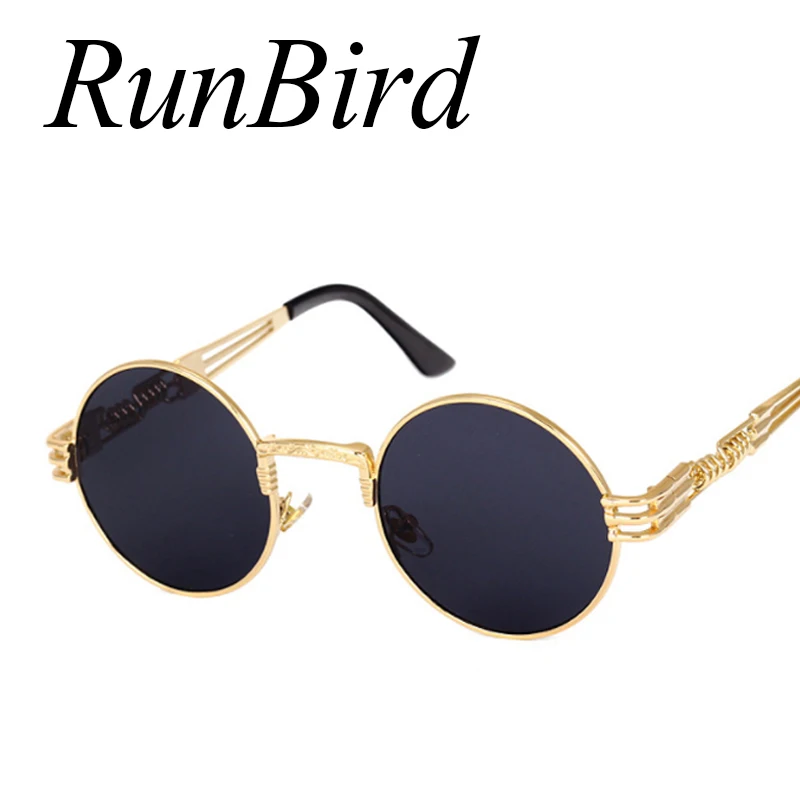 

RunBird Retro Gothic Steampunk Mirror Sunglasses Men Gold and Black Sun Glasses Vintage Round Circle Women UV Gafas De Sol 1075R