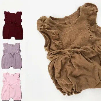 

Infant Baby Girl Romper Jumpsuit Cotton Linen Fibre Flutter Sleeve One-Piece Ruffle Rompers Summer Outfit Clothes 0-3T