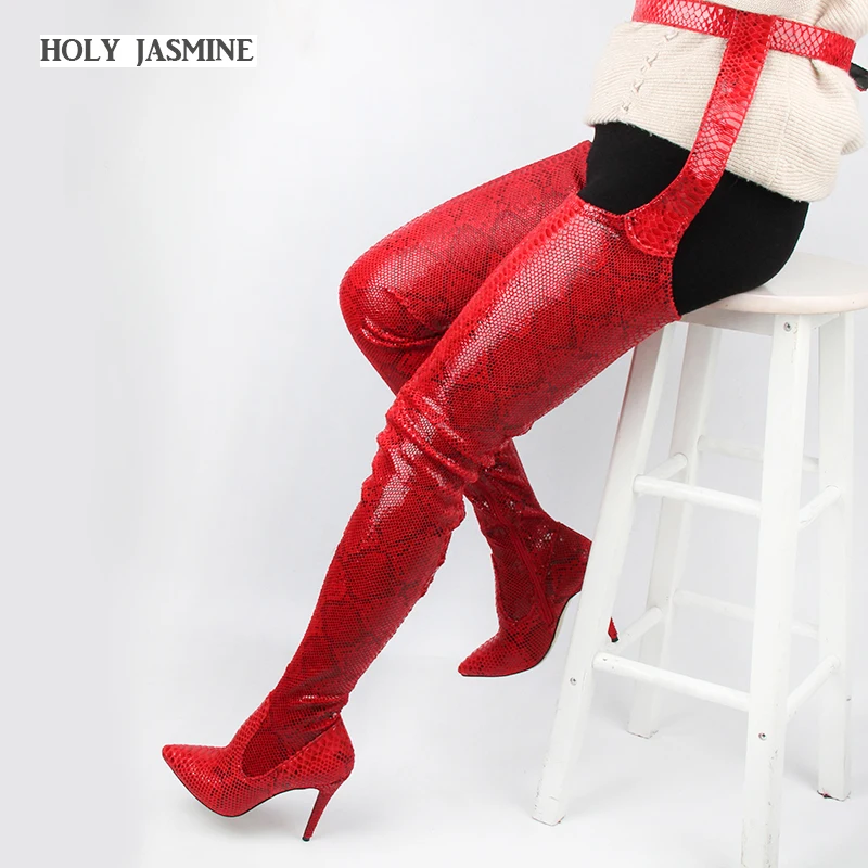 

2019 New Solid PU Leather Women Over Knee Long Boots Pointed Toe Ladies Belt Thigh High Boots Chunky High heels Long R Boots