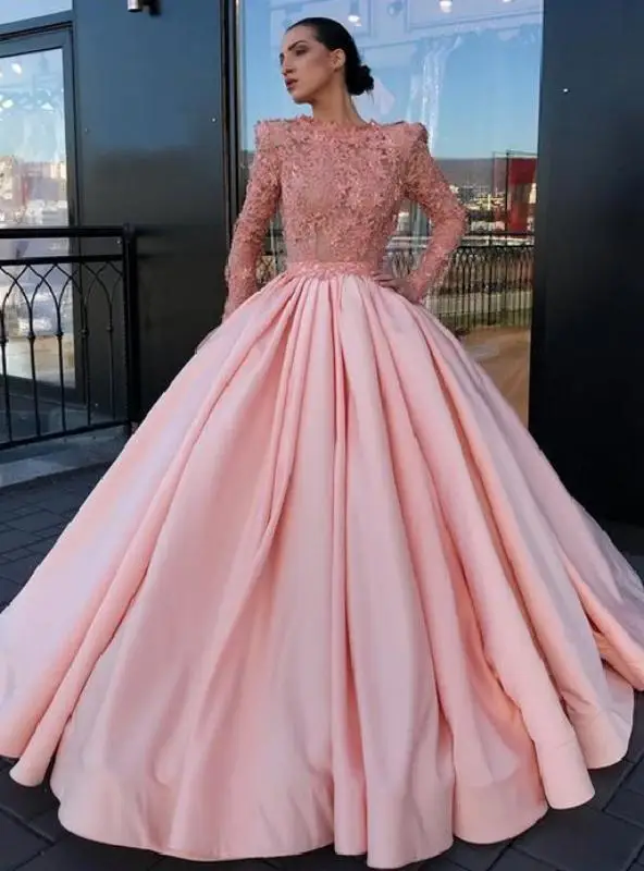 Розовое Пышное Платье с длинными рукавами с высоким горлом, Атласное Бальное Платье с цветочной аппликацией, длина до пола, элегантное платье Vestidos De 15 Anos - Цвет: Розовый