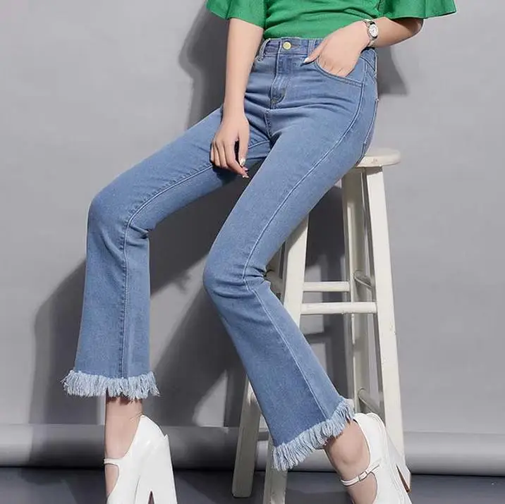 Новые растягивающиеся женские джинсы индивидуальность tide Плюс Размер Брюки расклешенные брюки женские брюки - Цвет: Небесно-голубой