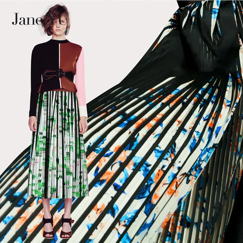 

JaneYU 2019 Chiffon pleated print fabric Ink stripes fashion breathable dress cloth
