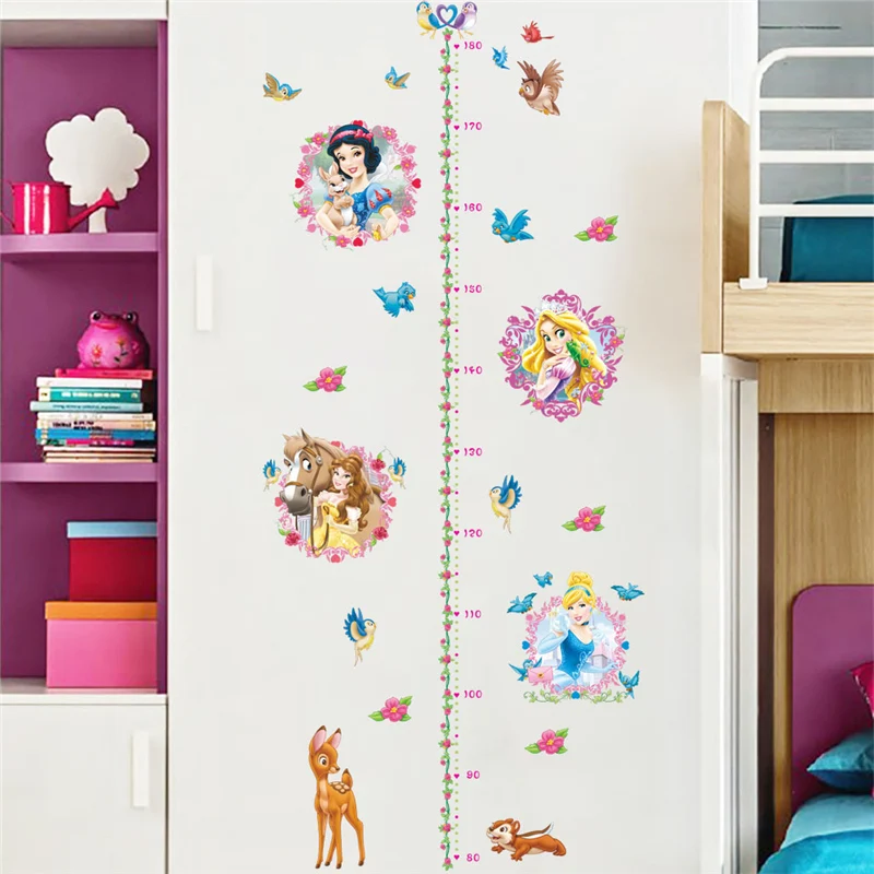 Snow White Anna Elsa Mermaid Rapunzel Cinderalle Belle Princess Growth Chart Wall Stickers Home Decor Kids Height Measure Decals