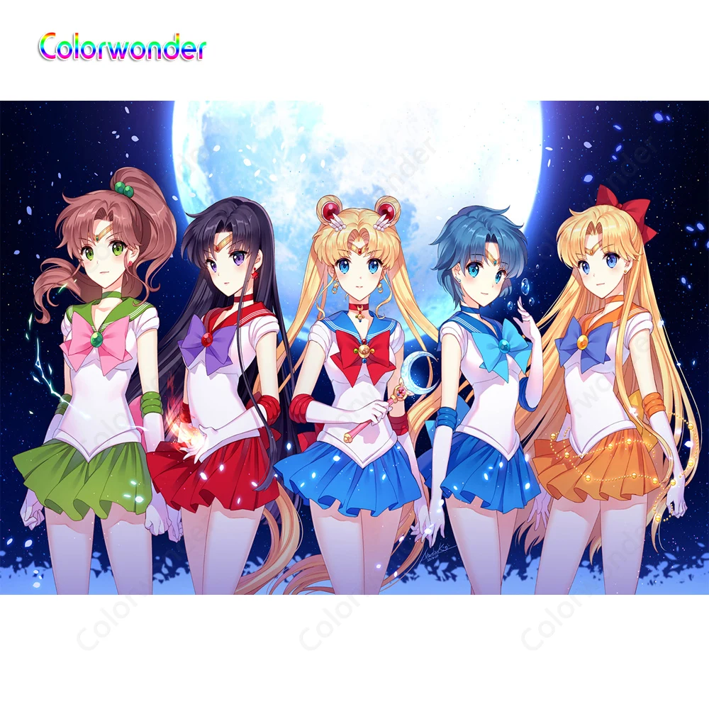 

Colorwonder Princess Sailor Moon with Her Friends Photography Background Dark Night with Sliver Moon and White Petals Backdrop