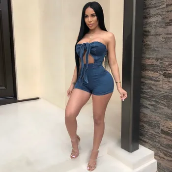 

2019 Sexy Women Blue Jeans Bodysuit Sleeveless One Piece Pants Denim Playsuits Bandage Short Jumpsuit Overalls