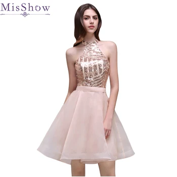 

Elegant Cheap Sequins A-Line Mini Cocktail Party Dress Pink Short Halter Organza Sexy Backless Homecoming Ball Gowns Dress