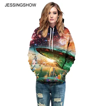 

JESSINGSHOW New Women Men Hoodies Sweatshirts Modern Spacecraft Printed Long Sleeve Pocket Hooded Pullovers Loose Shirt Sudadera