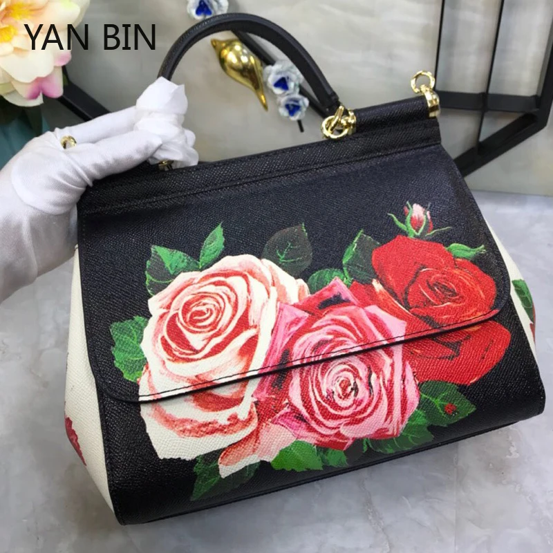 

2018 NEW Fashion Windmill Blue And White Porcelain Woman Handbag Cowhide Color Printing Genuine Leather Shoulder bags