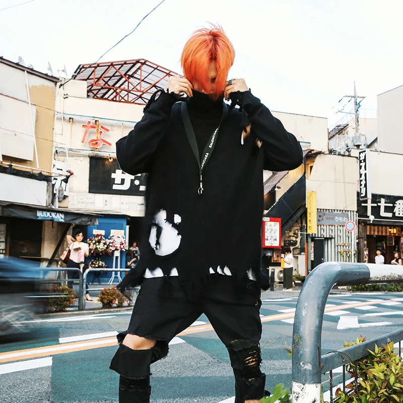 Destroyed Ripped Holes Knitted Sweater Mens Pullover Long Sleeve Turtleneck Oversize Winter Sweater New Streetwear Autumn Jumper