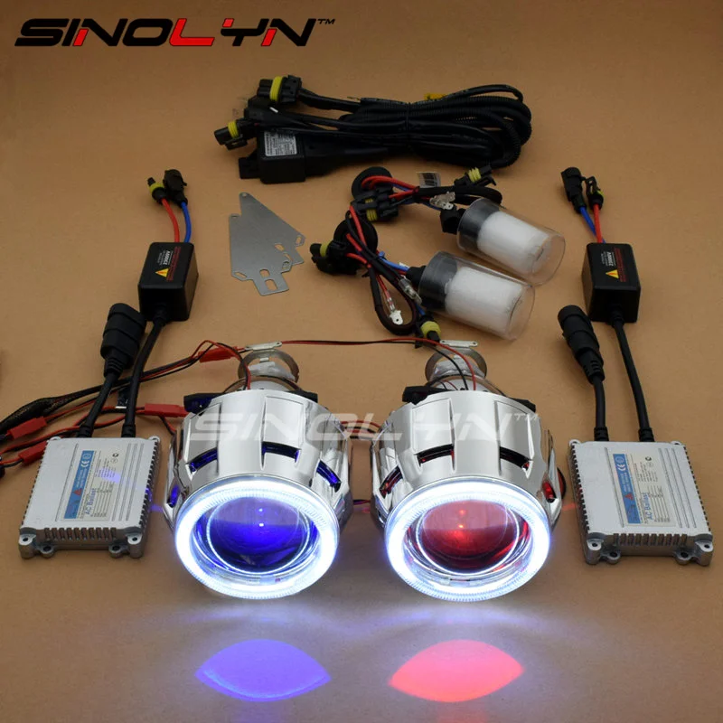 SINOLYN LED Angel Eyes Car Projector Lens HID Bixenon Headlight Devil Evil Eyes Headlamp Retrofit Kit