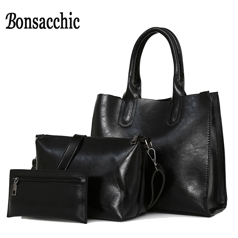 Bonsacchic 3pcs/set Big Women Bag Sets Famous Designer Handbags Oil Wax Leather Bags Woman Hand Bag Black Winter Handbag Purse