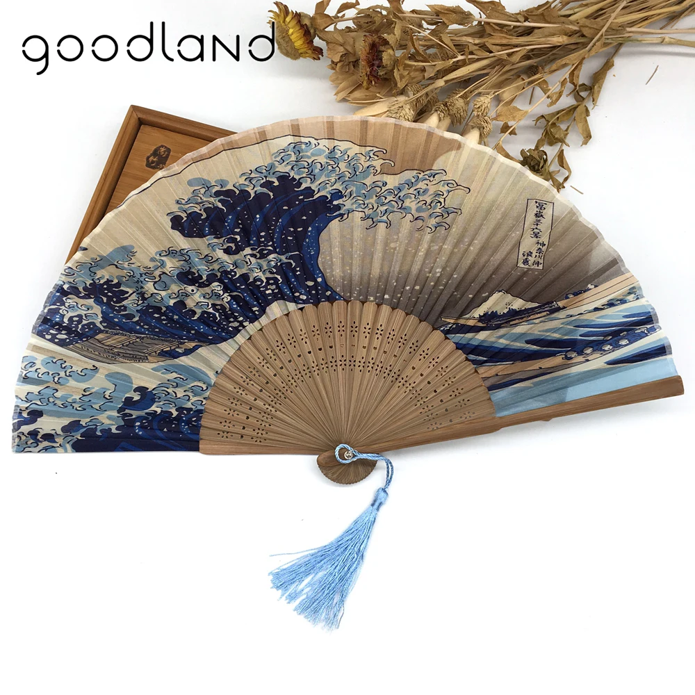 1pcs Japanese Real Silk Fan Mount Fuji Kanagawa Waves Bamboo Elegant Pocket Folding Fan Portable Women Fans Craft