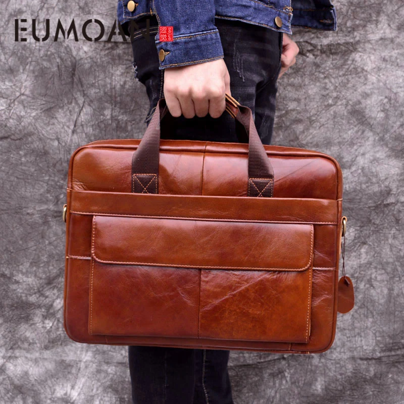 EUMOAN جلد طبيعي جلد طبيعي حقيبة لابتوب حقائب جلد البقر الرجال Crossbody حقيبة سفر الرجال البني حقيبة جلدية
