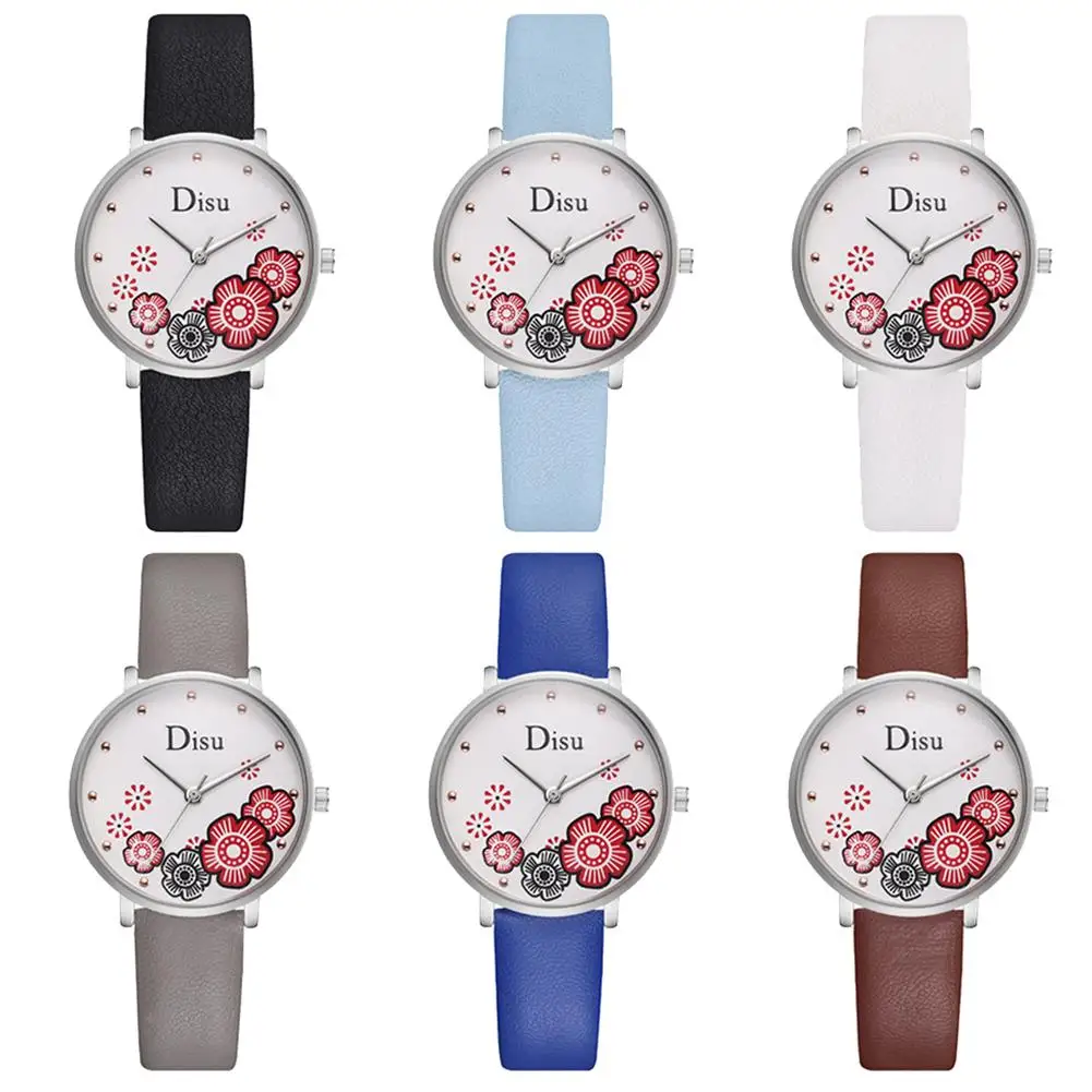 

New Trendy Women Flower Pattern Round Dial Faux Leather Band Quartz Wrist Watch
