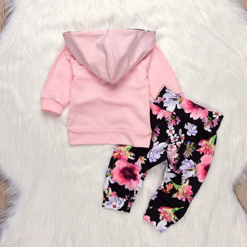 Online 2018 Musim Dingin Bayi Gadis Pakaian Dicetak Floral Gadis Celana Set Bayi Perempuan Baru Lahir Pakaian Hooded Tops T Kemeja + celana Set Bunga
