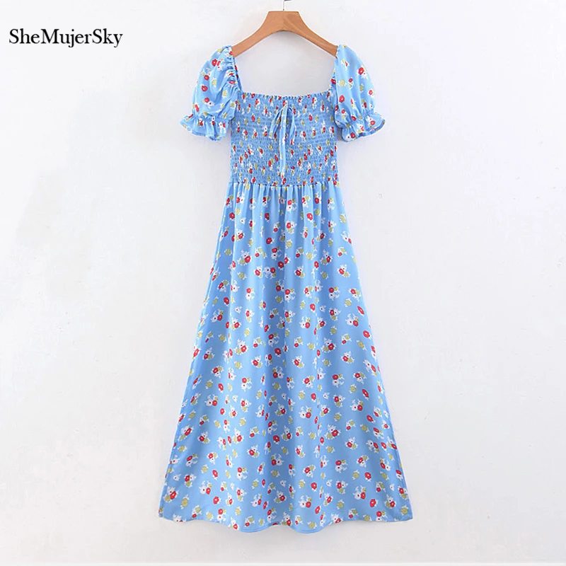 

SheMujerSky Summer Blue Square Collar Side Split Women Dress 2019 Short Sleeve Midi Dress Flora Print vestidos verano 2019