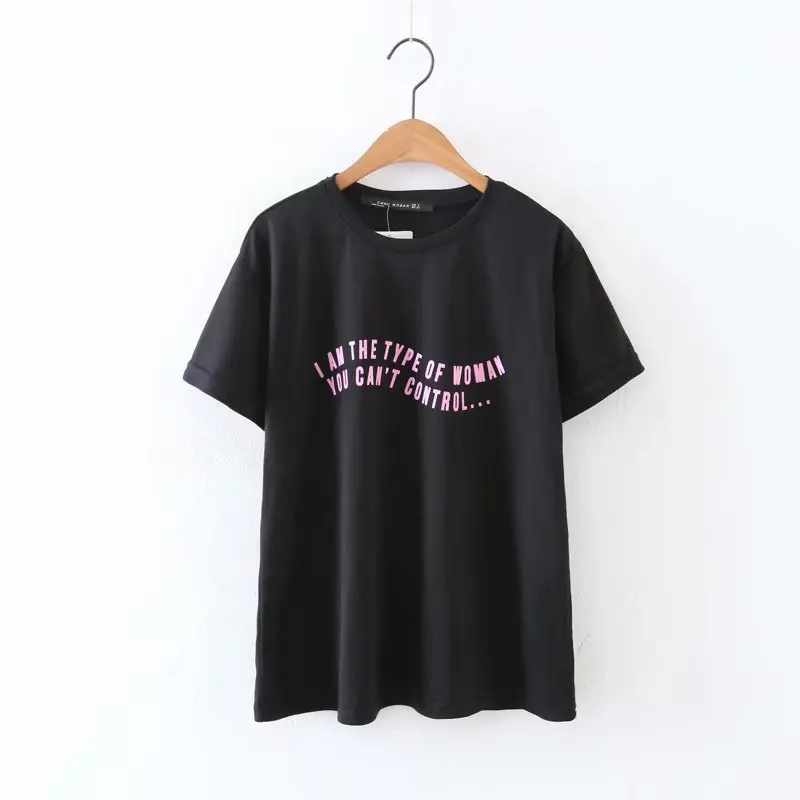 

2019 Women Fashion Letters print Black T Shirt Summer Tee O neck Short sleeve Casual Loose Shirt Female Tops A041