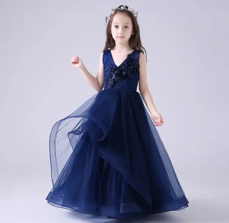 

New Hot Girls Tulle Sleeveless Double V-neck Lace Appliques Ball Gowns Flower Girl Princess Birthday Party Wedding Gowns HW2266
