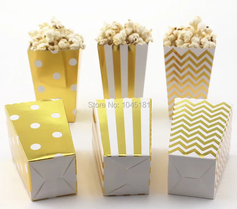 Free Shipping Gold Silver Foil Popcorn Boxes Chevron Dot Striped Retro