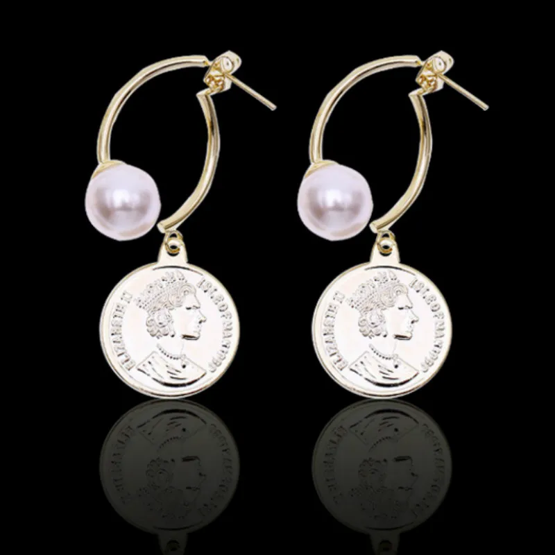 

Vintage Coin Dangle Earrings Elegant Women Fashion 925 Sterling Silver Needle Pearl Drop Earring 2019 Korean New