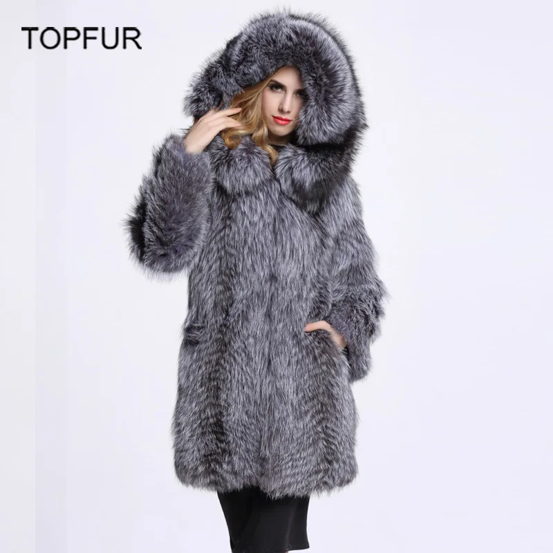 

TOPFUR 2018 Big Sale New Natural One Piece Silver Fox Fur Coat With Fur Hood For Women High Quality Winter Fox Fur Outwear