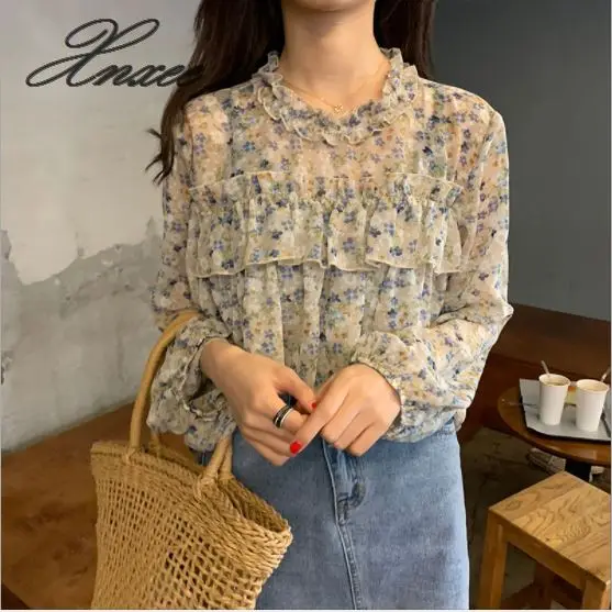 

2019 summer new lotus leaf lace collar long sleeve chiffon floral shirt female