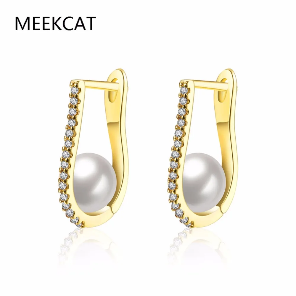 

MEEKCAT High Quality 2 Color Unique Simulated Pearl Zircon Hoop Earrings Simple Style Gold Color Women Earring argola Best Gift