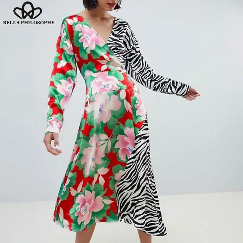 Wonder  Spring Patchwork Long Maxi Dress Vintage Zebra Animal Print Floral Female Dress Casual V-Neck Lady Sexy Dress 2019 new