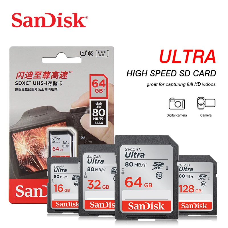 

SanDisk Ultra SD Card 32GB SDHC Memory Card 64GB 128GB SDXC C10 USH-I 16GB Flash Card Full HD Video For Digital Camera 80MB/s