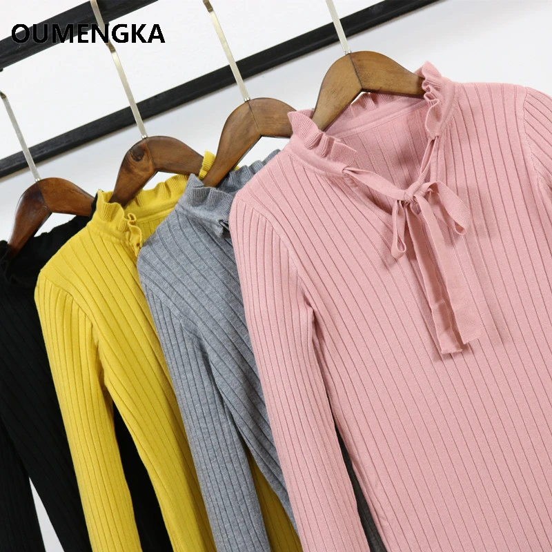 Casual Slim Sweater Women 2018 Autumn Knitting Pullovers Lace Up Long Flare Sleeve Ruffle Knitting Pullover Winter Woman Sweater Sweaters