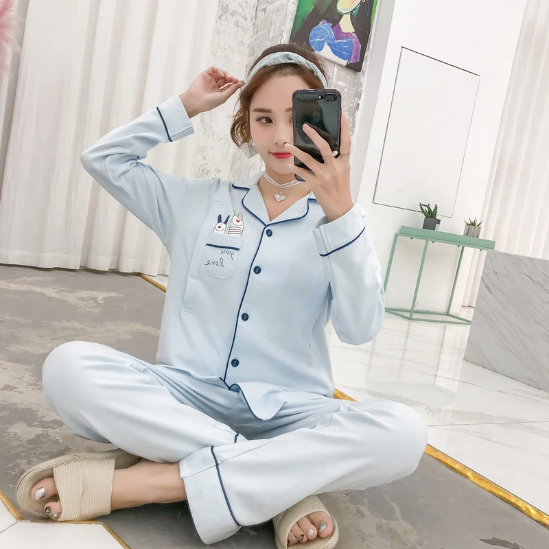 

2019 Spring Maternity warm Nursing clothes Pregnant Women cotton Sleepwear Breastfeeding outwear 2pcs set for Mom