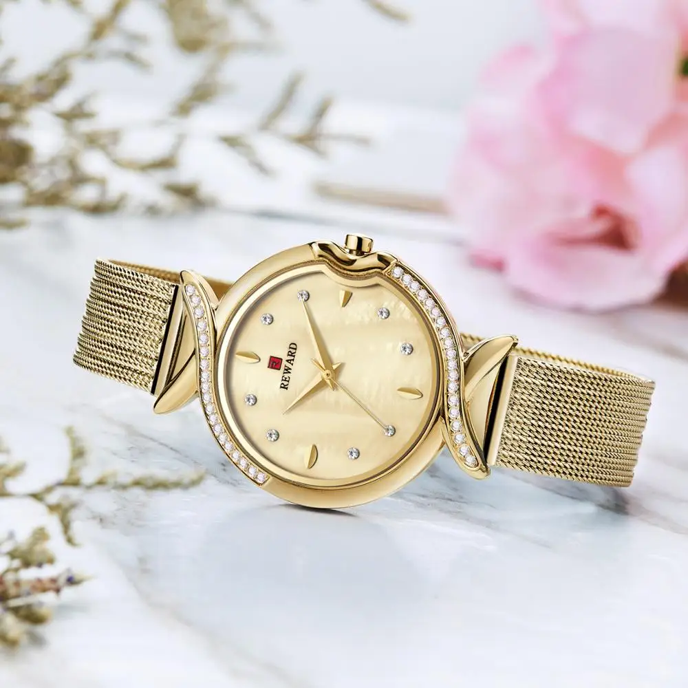 

REWARD Royal Golden Women Watches Top Brand Luxury Ultra-thin Quartz Ladies Watch Shiny Crystal Iced Out Waterproof Wristwatch