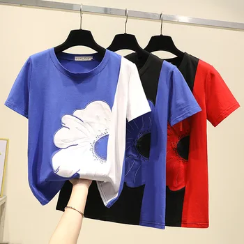 

New Fashion Women T Shirt Summer Patchwork Embroidery Cotton Round Collar Women T Shirt Short Sleeve Top Female Tee Shirt