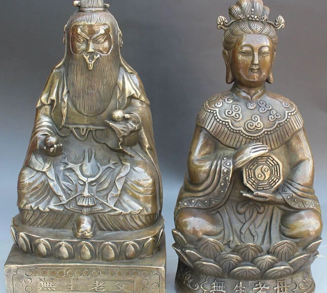 

12" Chinese Bronze Long Life Grandfather Grandmother Consort Wife Man Statue R0711 B0403
