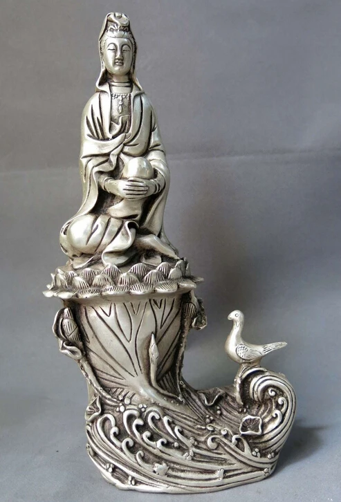 

11" China silver buddhism carved fine Lotus Taiwan Kwan-yin Bodhisattva Statue
