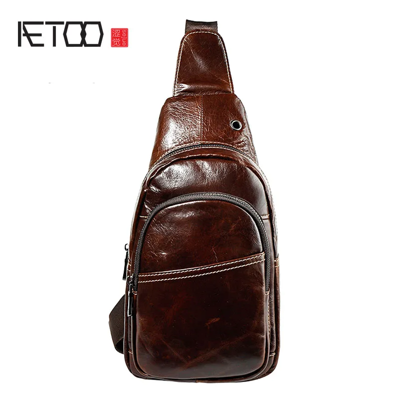 

AETOO The first layer of crazy horse leather leather brown men retro cool multi-pocket large capacity 10-inch chest bag