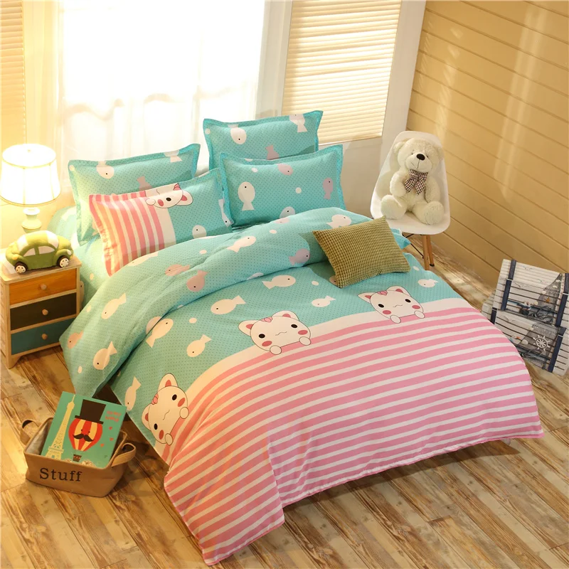 

Hot sell cat kitty cartoon fish print blue pink stripe bedding sets bed linen kids/adult duvet cover Pillowcase home textiles