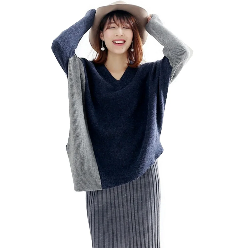 Cashmere Sweater Women 2018 New Autumn Winter Pure Cashmere Wool Fluffy V Neck Contrast Color Aysmmetrical Length Pullover Pulls