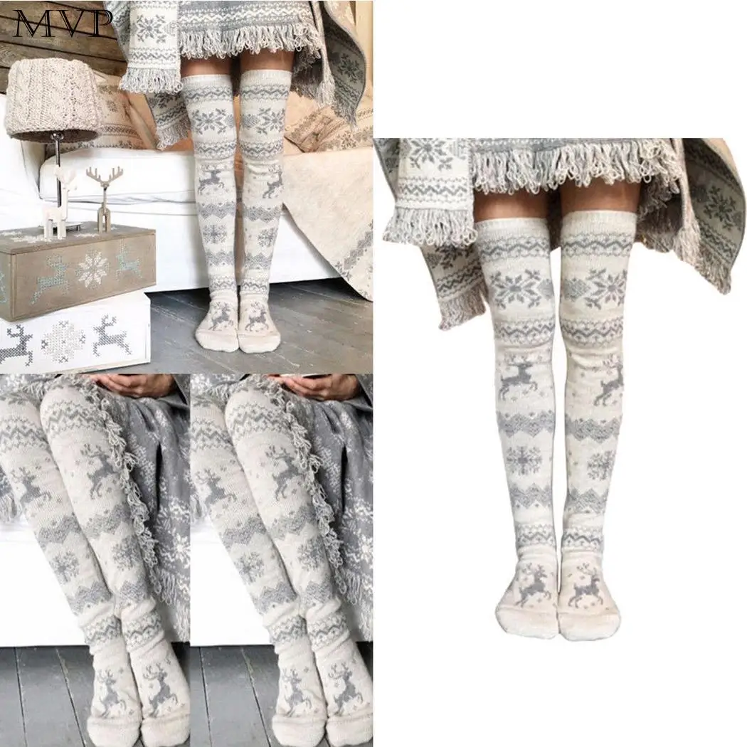 Women Christmas Pattern Stretchy Thigh High Absorb Sweat Anti-friction Breathable Cotton Fall Winter Socks | Женская одежда