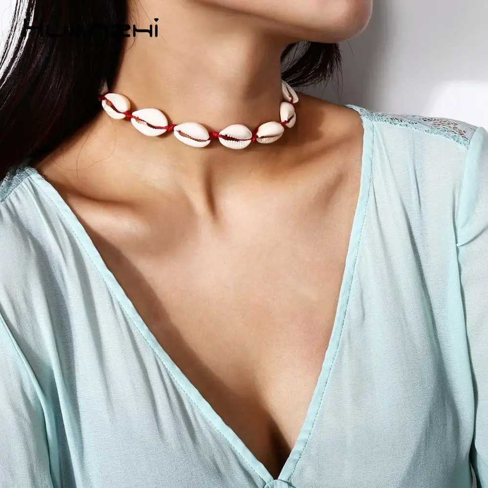 

HUANZHI 2019 Casual Personality Design Manual Choker Natural Shell String Collar Necklaces For Women Travel Beach Jewelry Gifts