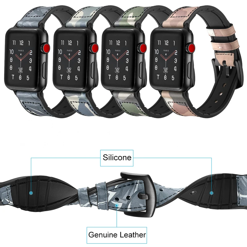 Ремешок Камуфляжный кожаный для Apple Watch band 44/40/38/42 мм силиконовый браслет IWatch series 4 3