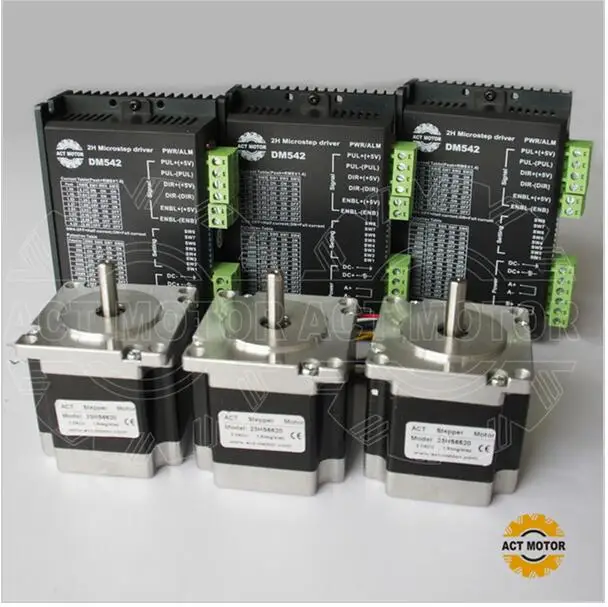 

ACT Motor 3PCS Nema23 Stepper Motor Single Shaft 23HS6620 185oz-in 2A 6-Lead+3PCS Driver DM542 4.2A 50V 128Micro Engraving
