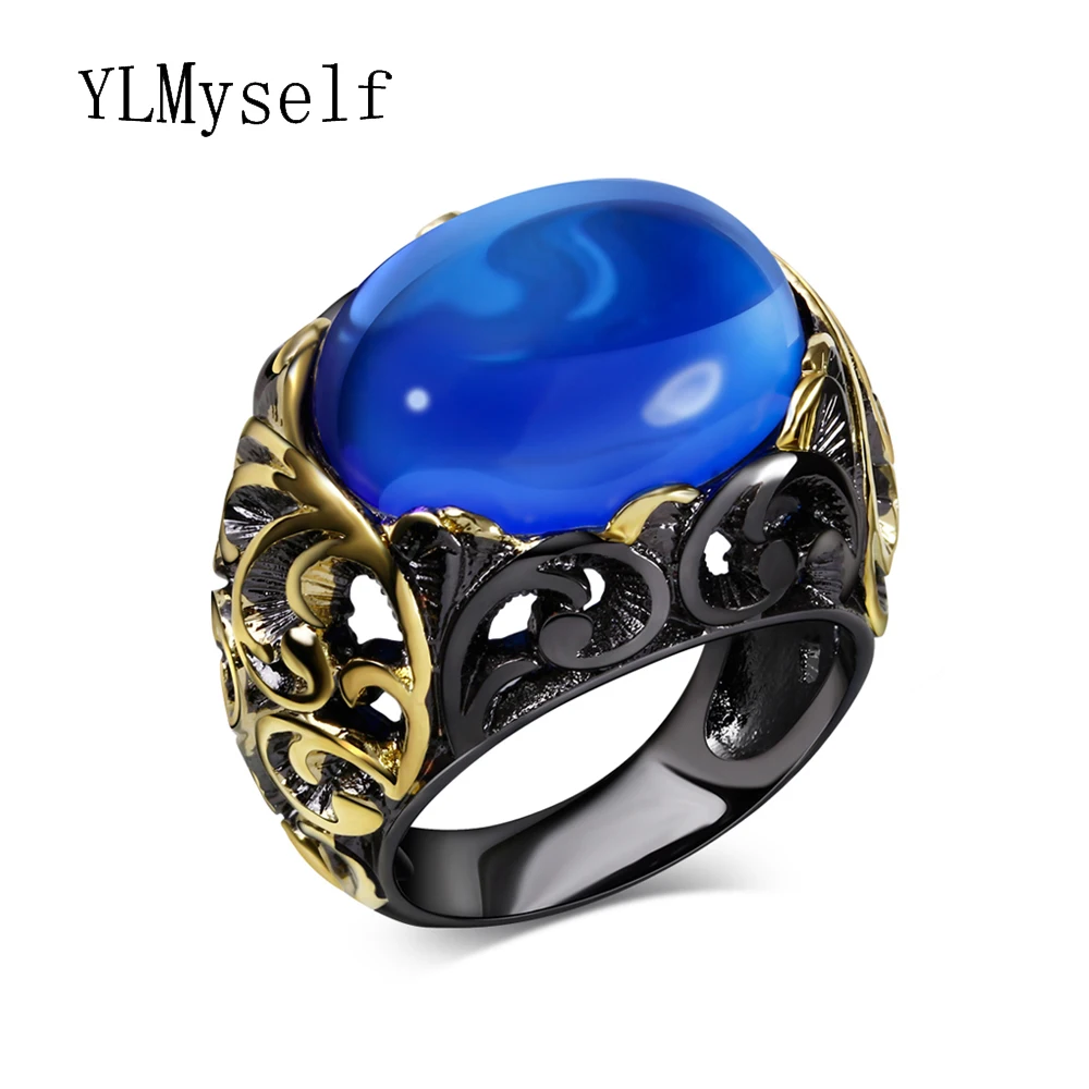 

Fashion big blue oval stone ring black color Trendy jewelry for party best gift women rings store Luxury china accessories